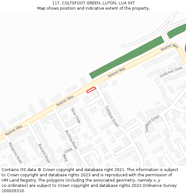 117, COLTSFOOT GREEN, LUTON, LU4 0XT: Location map and indicative extent of plot