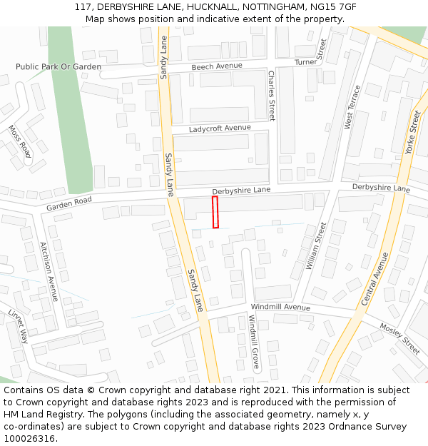 117, DERBYSHIRE LANE, HUCKNALL, NOTTINGHAM, NG15 7GF: Location map and indicative extent of plot