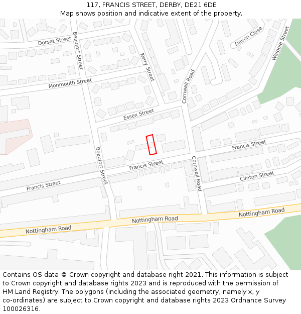 117, FRANCIS STREET, DERBY, DE21 6DE: Location map and indicative extent of plot