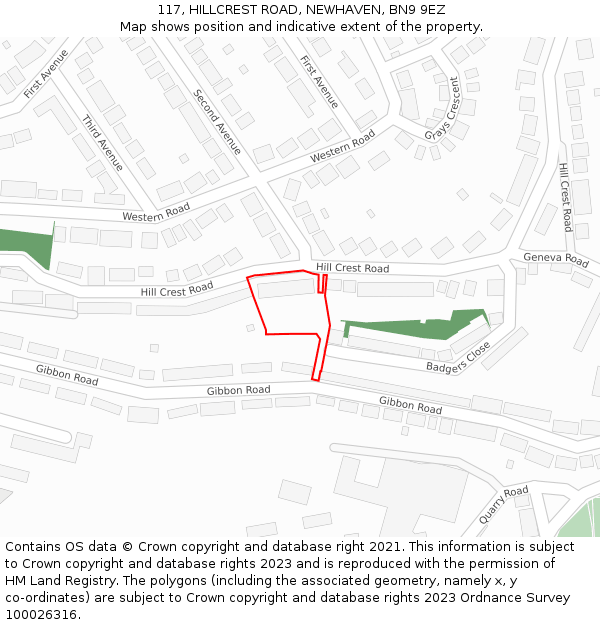 117, HILLCREST ROAD, NEWHAVEN, BN9 9EZ: Location map and indicative extent of plot