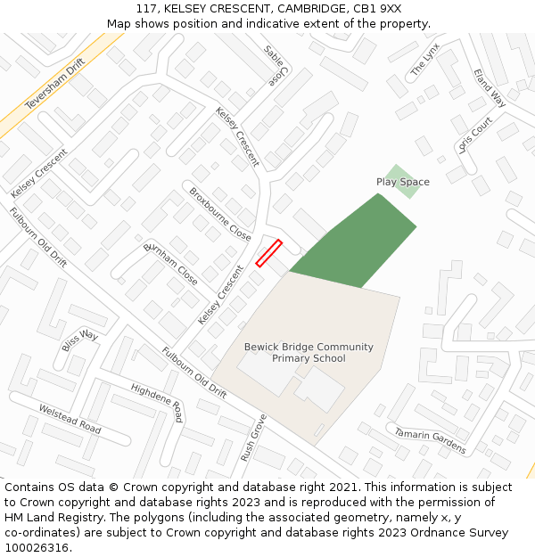 117, KELSEY CRESCENT, CAMBRIDGE, CB1 9XX: Location map and indicative extent of plot