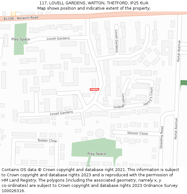 117, LOVELL GARDENS, WATTON, THETFORD, IP25 6UA: Location map and indicative extent of plot