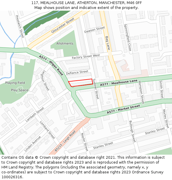 117, MEALHOUSE LANE, ATHERTON, MANCHESTER, M46 0FF: Location map and indicative extent of plot