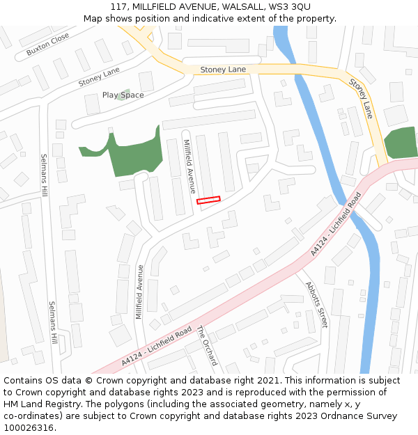 117, MILLFIELD AVENUE, WALSALL, WS3 3QU: Location map and indicative extent of plot