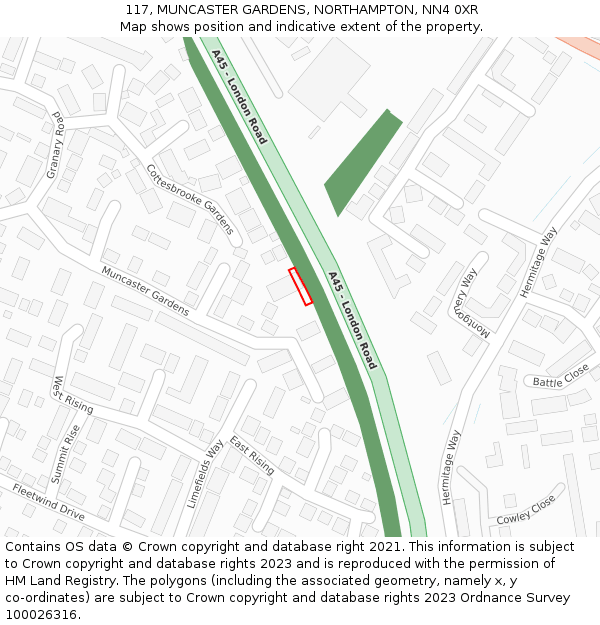 117, MUNCASTER GARDENS, NORTHAMPTON, NN4 0XR: Location map and indicative extent of plot