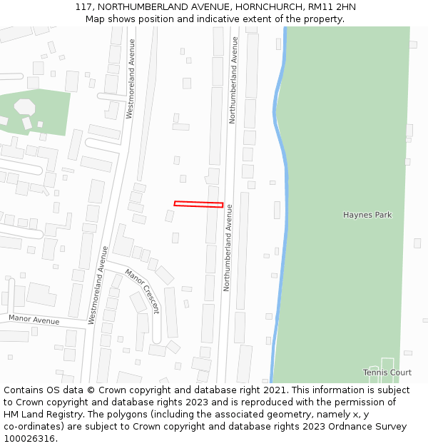 117, NORTHUMBERLAND AVENUE, HORNCHURCH, RM11 2HN: Location map and indicative extent of plot