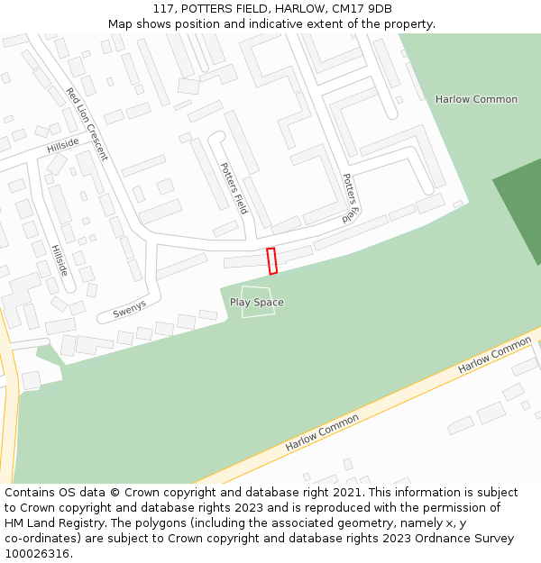 117, POTTERS FIELD, HARLOW, CM17 9DB: Location map and indicative extent of plot