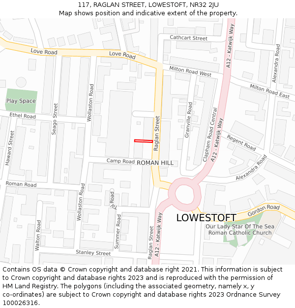 117, RAGLAN STREET, LOWESTOFT, NR32 2JU: Location map and indicative extent of plot