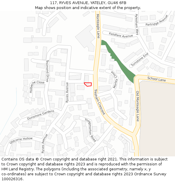 117, RYVES AVENUE, YATELEY, GU46 6FB: Location map and indicative extent of plot