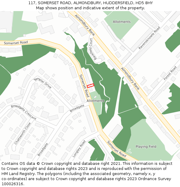 117, SOMERSET ROAD, ALMONDBURY, HUDDERSFIELD, HD5 8HY: Location map and indicative extent of plot