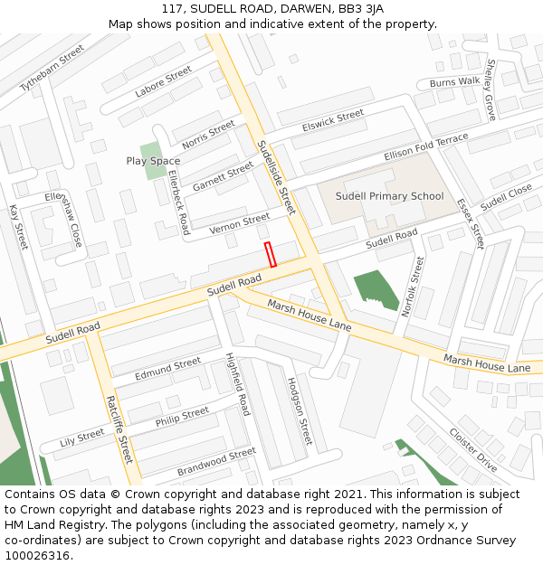 117, SUDELL ROAD, DARWEN, BB3 3JA: Location map and indicative extent of plot