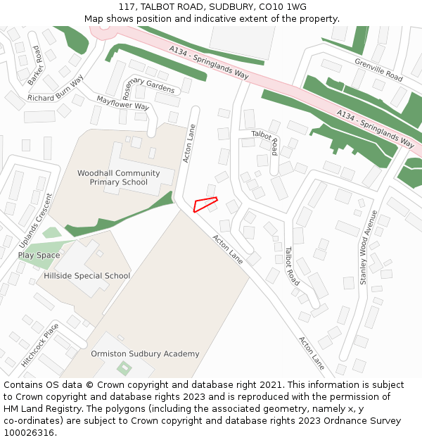 117, TALBOT ROAD, SUDBURY, CO10 1WG: Location map and indicative extent of plot