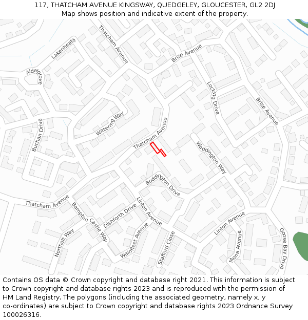 117, THATCHAM AVENUE KINGSWAY, QUEDGELEY, GLOUCESTER, GL2 2DJ: Location map and indicative extent of plot