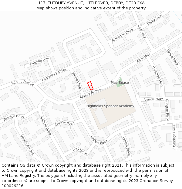 117, TUTBURY AVENUE, LITTLEOVER, DERBY, DE23 3XA: Location map and indicative extent of plot
