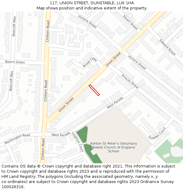 117, UNION STREET, DUNSTABLE, LU6 1HA: Location map and indicative extent of plot