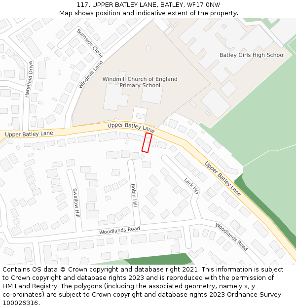117, UPPER BATLEY LANE, BATLEY, WF17 0NW: Location map and indicative extent of plot