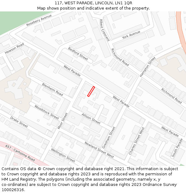 117, WEST PARADE, LINCOLN, LN1 1QR: Location map and indicative extent of plot