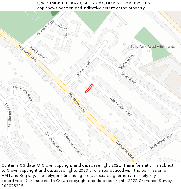 117, WESTMINSTER ROAD, SELLY OAK, BIRMINGHAM, B29 7RN: Location map and indicative extent of plot