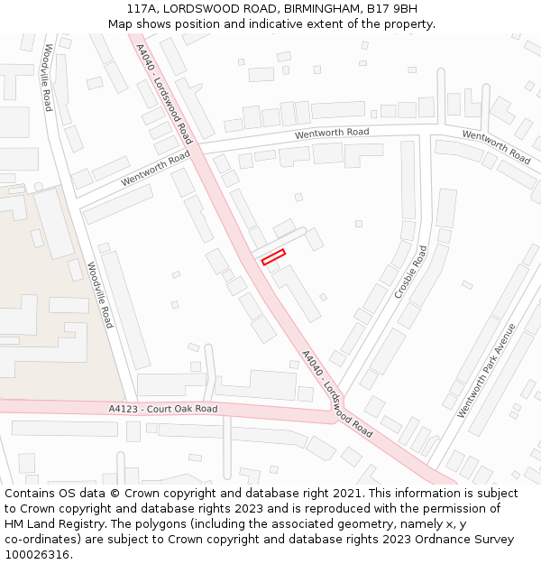 117A, LORDSWOOD ROAD, BIRMINGHAM, B17 9BH: Location map and indicative extent of plot