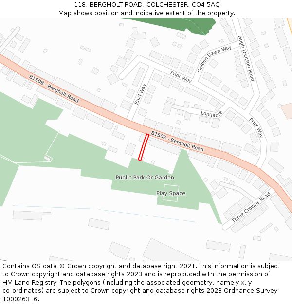 118, BERGHOLT ROAD, COLCHESTER, CO4 5AQ: Location map and indicative extent of plot