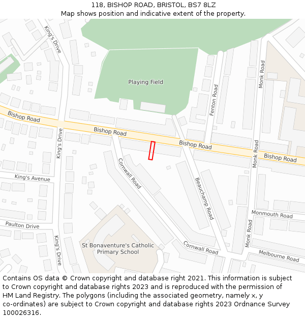 118, BISHOP ROAD, BRISTOL, BS7 8LZ: Location map and indicative extent of plot