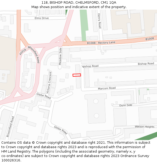 118, BISHOP ROAD, CHELMSFORD, CM1 1QA: Location map and indicative extent of plot