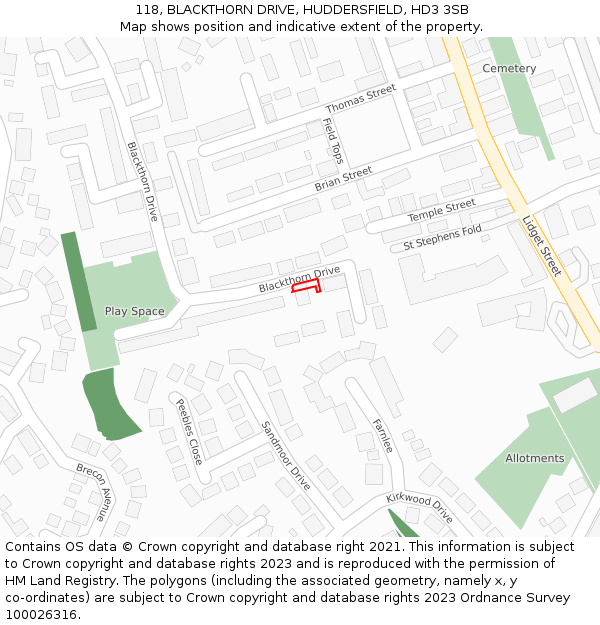 118, BLACKTHORN DRIVE, HUDDERSFIELD, HD3 3SB: Location map and indicative extent of plot
