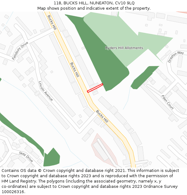 118, BUCKS HILL, NUNEATON, CV10 9LQ: Location map and indicative extent of plot