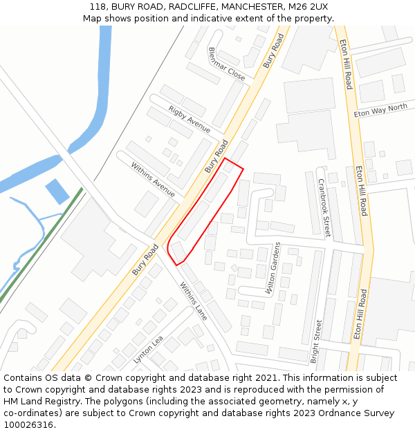 118, BURY ROAD, RADCLIFFE, MANCHESTER, M26 2UX: Location map and indicative extent of plot