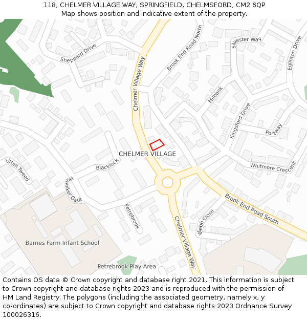 118, CHELMER VILLAGE WAY, SPRINGFIELD, CHELMSFORD, CM2 6QP: Location map and indicative extent of plot
