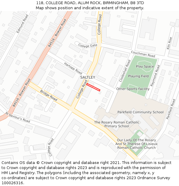 118, COLLEGE ROAD, ALUM ROCK, BIRMINGHAM, B8 3TD: Location map and indicative extent of plot
