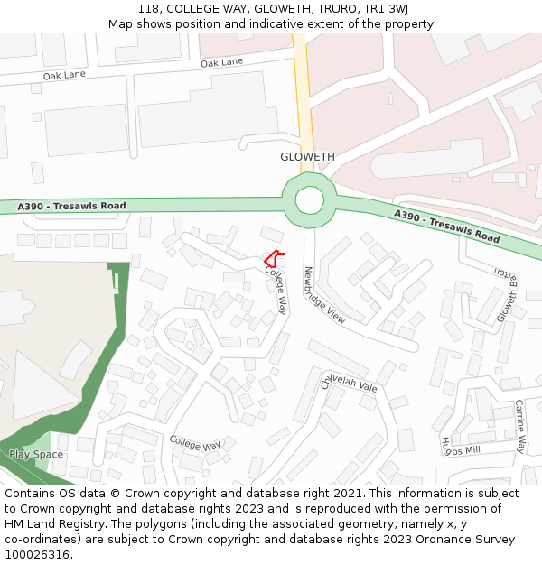 118, COLLEGE WAY, GLOWETH, TRURO, TR1 3WJ: Location map and indicative extent of plot