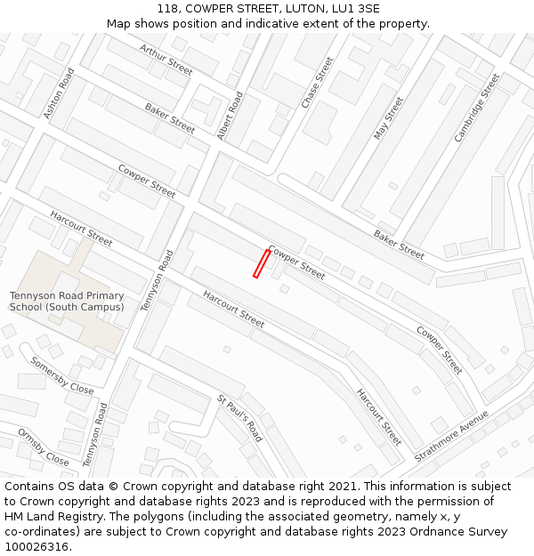 118, COWPER STREET, LUTON, LU1 3SE: Location map and indicative extent of plot