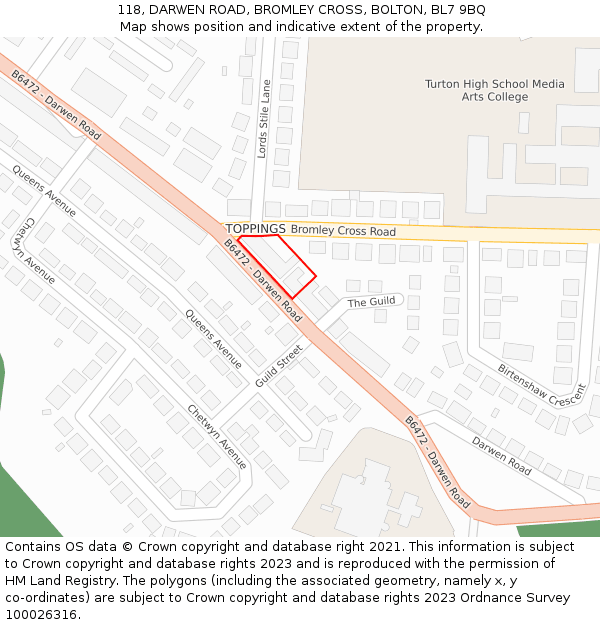118, DARWEN ROAD, BROMLEY CROSS, BOLTON, BL7 9BQ: Location map and indicative extent of plot