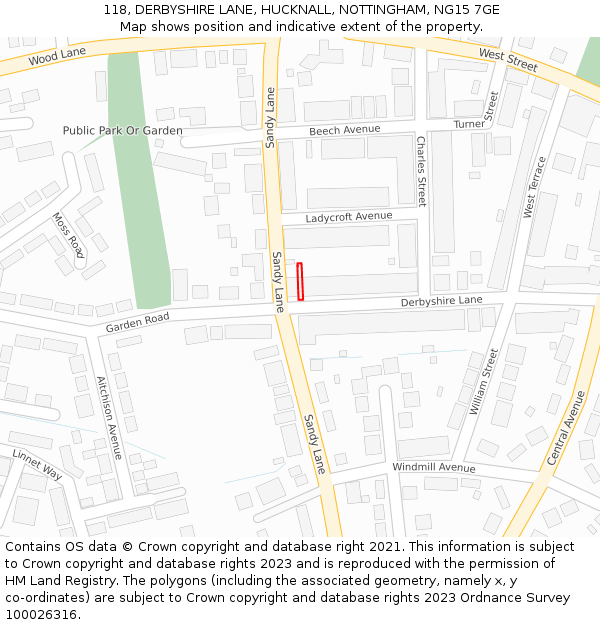 118, DERBYSHIRE LANE, HUCKNALL, NOTTINGHAM, NG15 7GE: Location map and indicative extent of plot