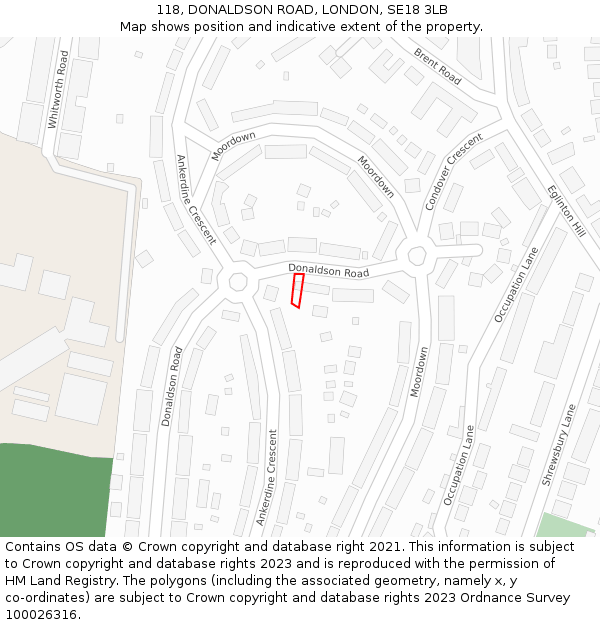 118, DONALDSON ROAD, LONDON, SE18 3LB: Location map and indicative extent of plot