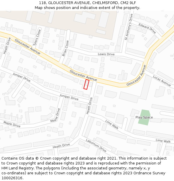 118, GLOUCESTER AVENUE, CHELMSFORD, CM2 9LF: Location map and indicative extent of plot