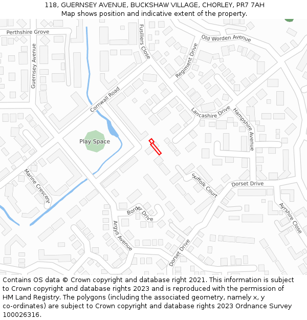 118, GUERNSEY AVENUE, BUCKSHAW VILLAGE, CHORLEY, PR7 7AH: Location map and indicative extent of plot
