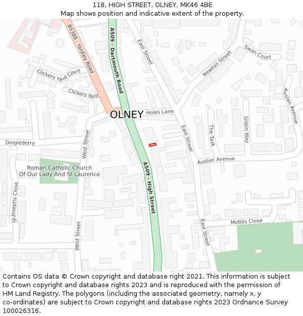 118, HIGH STREET, OLNEY, MK46 4BE: Location map and indicative extent of plot