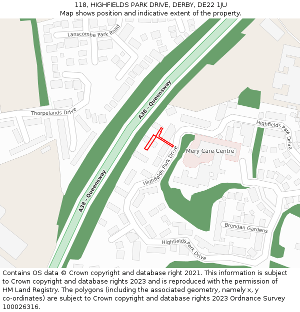 118, HIGHFIELDS PARK DRIVE, DERBY, DE22 1JU: Location map and indicative extent of plot