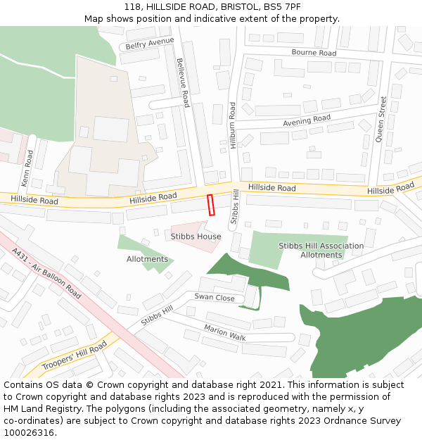 118, HILLSIDE ROAD, BRISTOL, BS5 7PF: Location map and indicative extent of plot