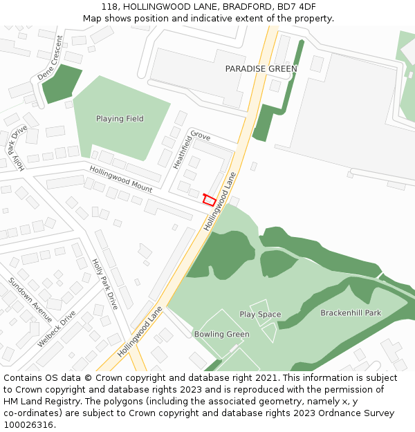 118, HOLLINGWOOD LANE, BRADFORD, BD7 4DF: Location map and indicative extent of plot