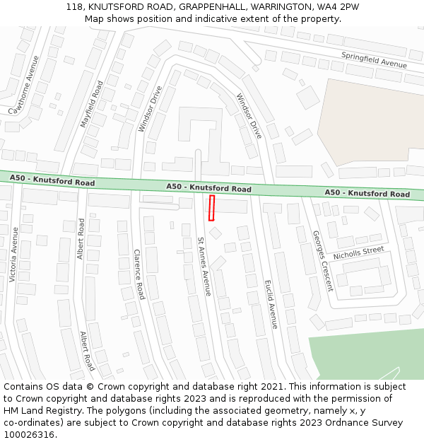 118, KNUTSFORD ROAD, GRAPPENHALL, WARRINGTON, WA4 2PW: Location map and indicative extent of plot