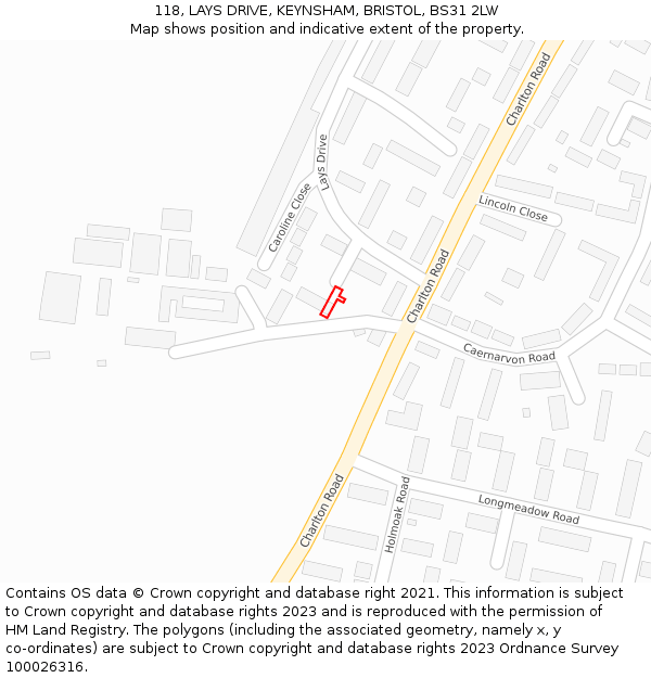 118, LAYS DRIVE, KEYNSHAM, BRISTOL, BS31 2LW: Location map and indicative extent of plot