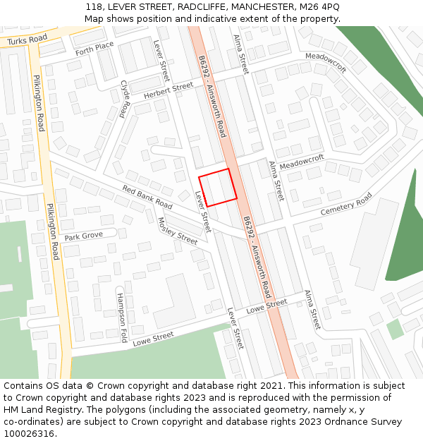 118, LEVER STREET, RADCLIFFE, MANCHESTER, M26 4PQ: Location map and indicative extent of plot