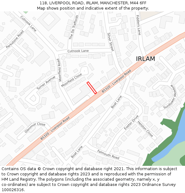 118, LIVERPOOL ROAD, IRLAM, MANCHESTER, M44 6FF: Location map and indicative extent of plot