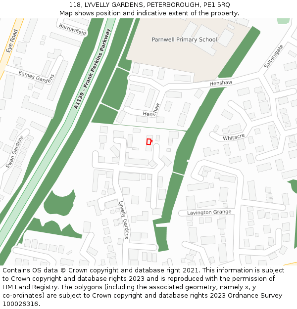 118, LYVELLY GARDENS, PETERBOROUGH, PE1 5RQ: Location map and indicative extent of plot
