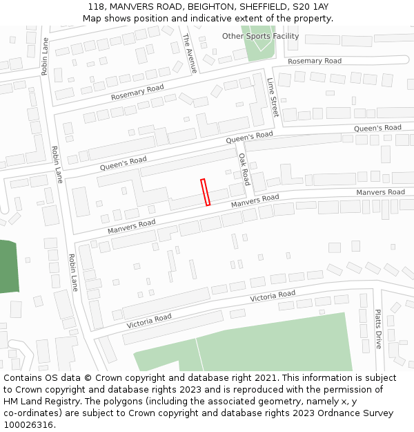118, MANVERS ROAD, BEIGHTON, SHEFFIELD, S20 1AY: Location map and indicative extent of plot