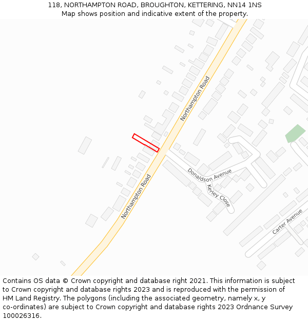 118, NORTHAMPTON ROAD, BROUGHTON, KETTERING, NN14 1NS: Location map and indicative extent of plot