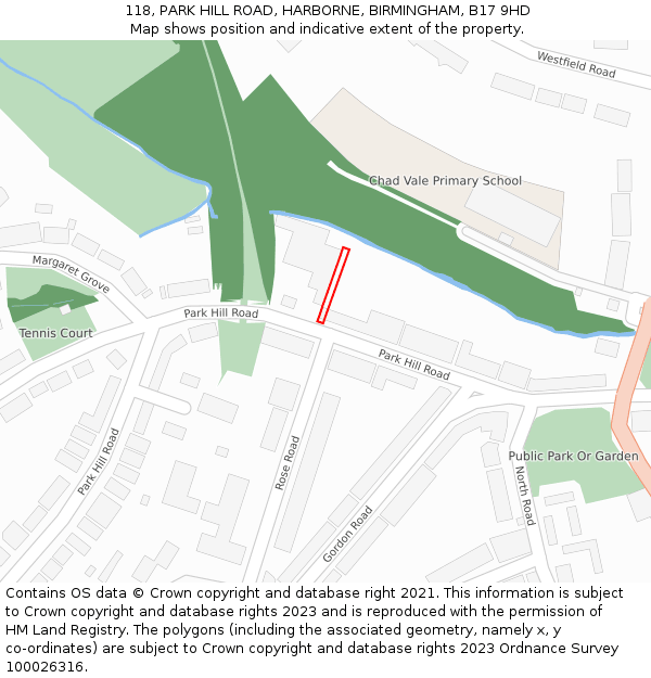 118, PARK HILL ROAD, HARBORNE, BIRMINGHAM, B17 9HD: Location map and indicative extent of plot